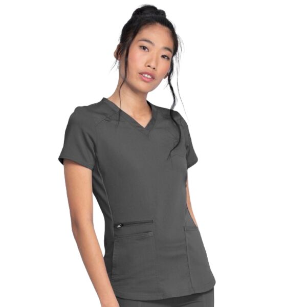 Ladies V-Neck Scrub Top with Rib-Knit Panels Thumbnail
